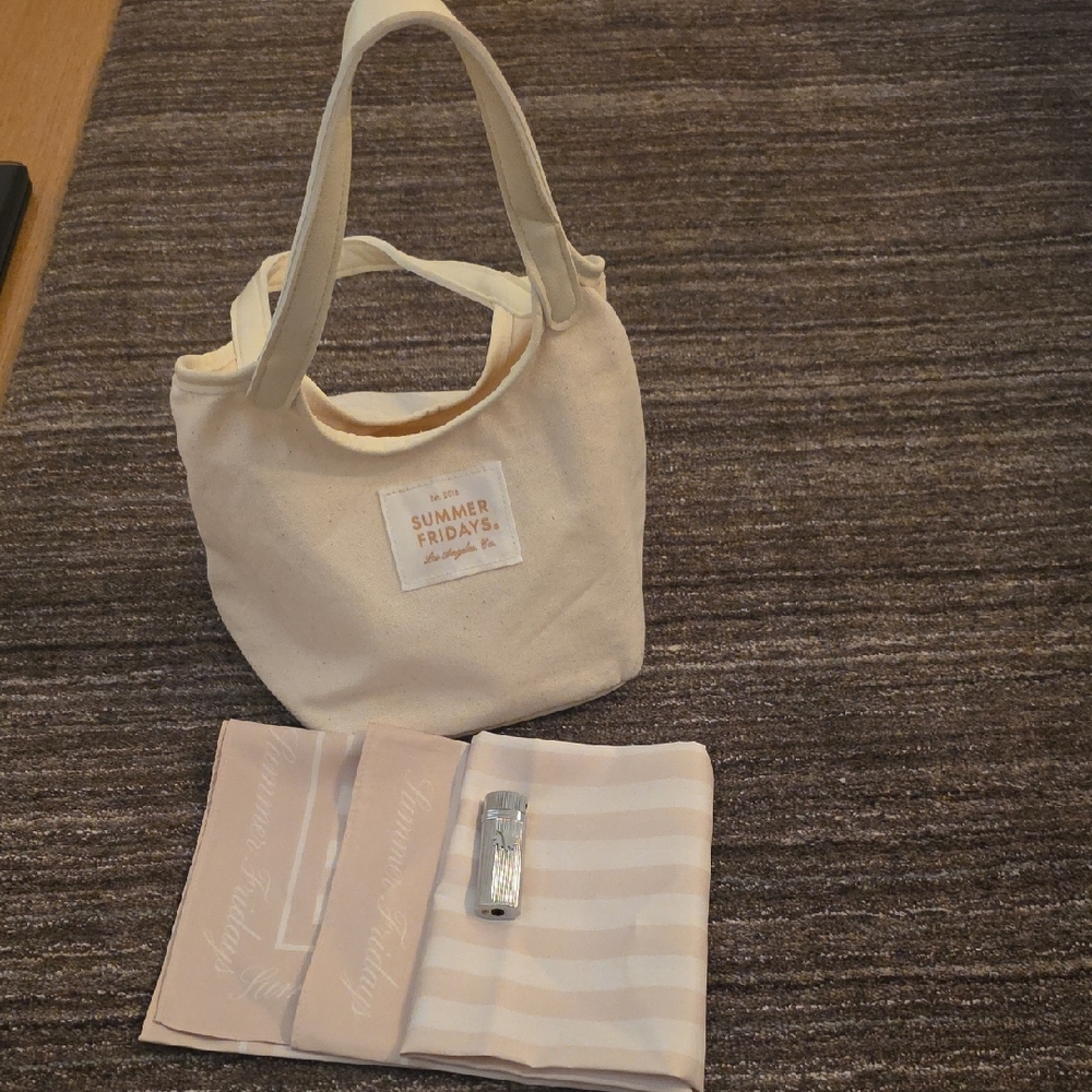 Summer Fridays Beige and White Tote Bag,  Scarf And Lighter